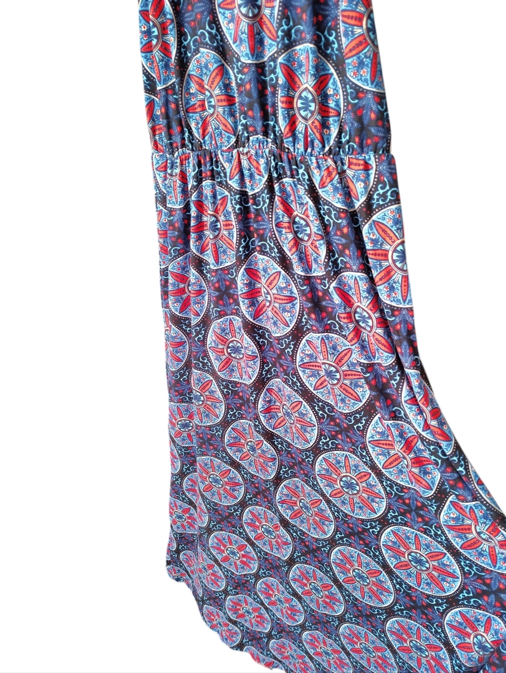 French Grey Sleeveless Navy & Red Medallion Knit Maxi Dress - Picture 4 of 6